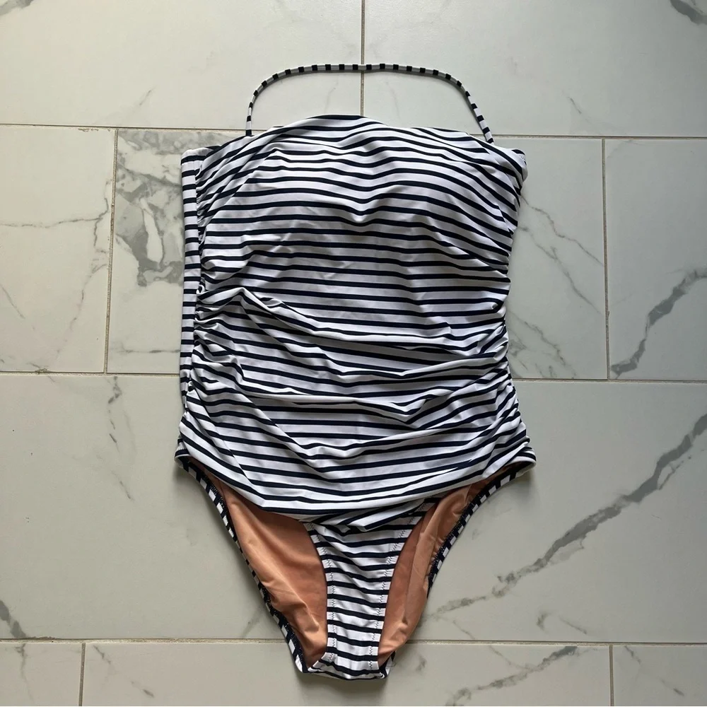 NWT j crew ruched bandeau one-piece swimsuit navy white stripe 16 - Picture 2 of 6